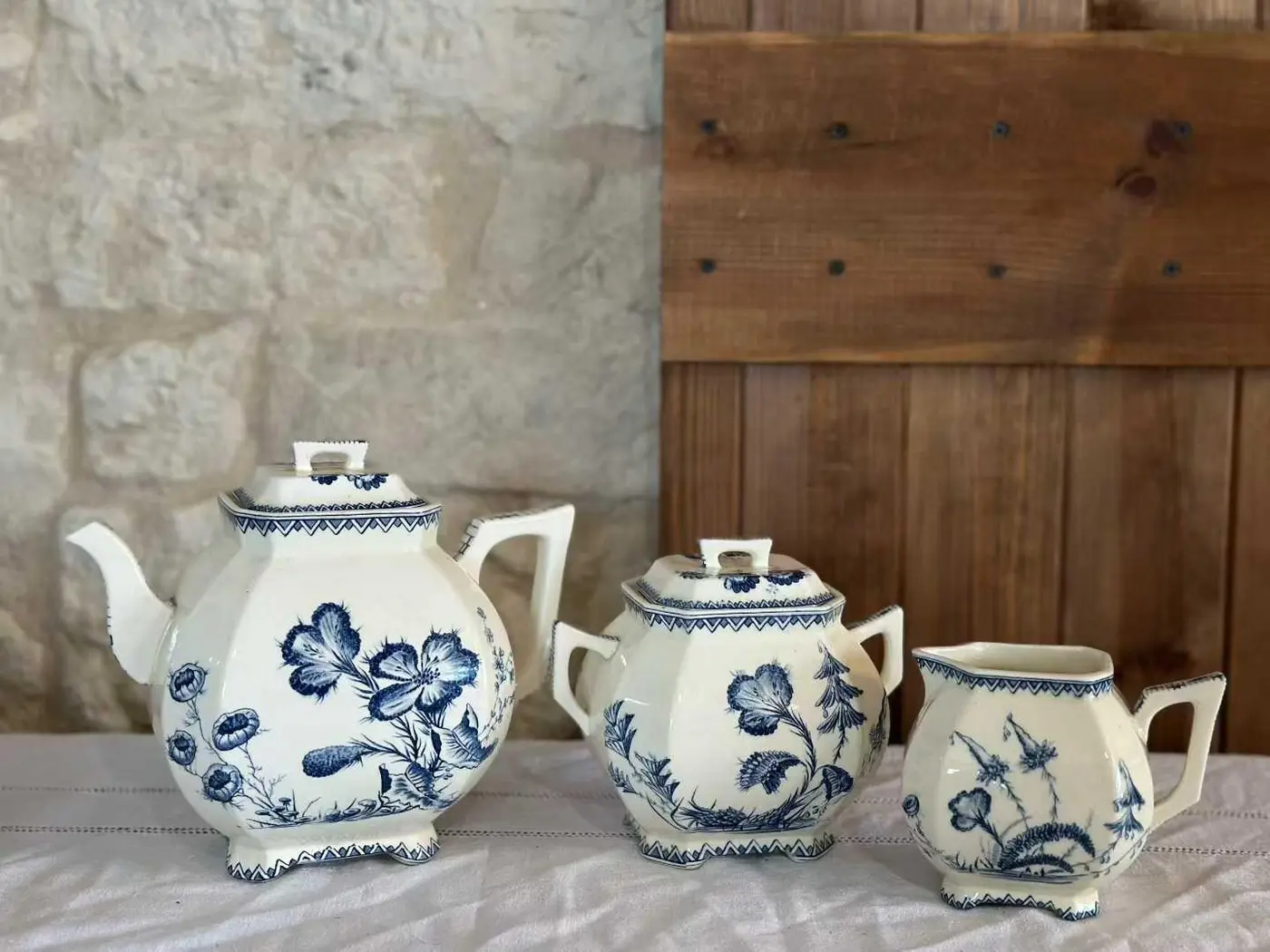 French Indiana Octagonal Teapot, Sugar Bowl and Creamer Set — Good Overall Condition