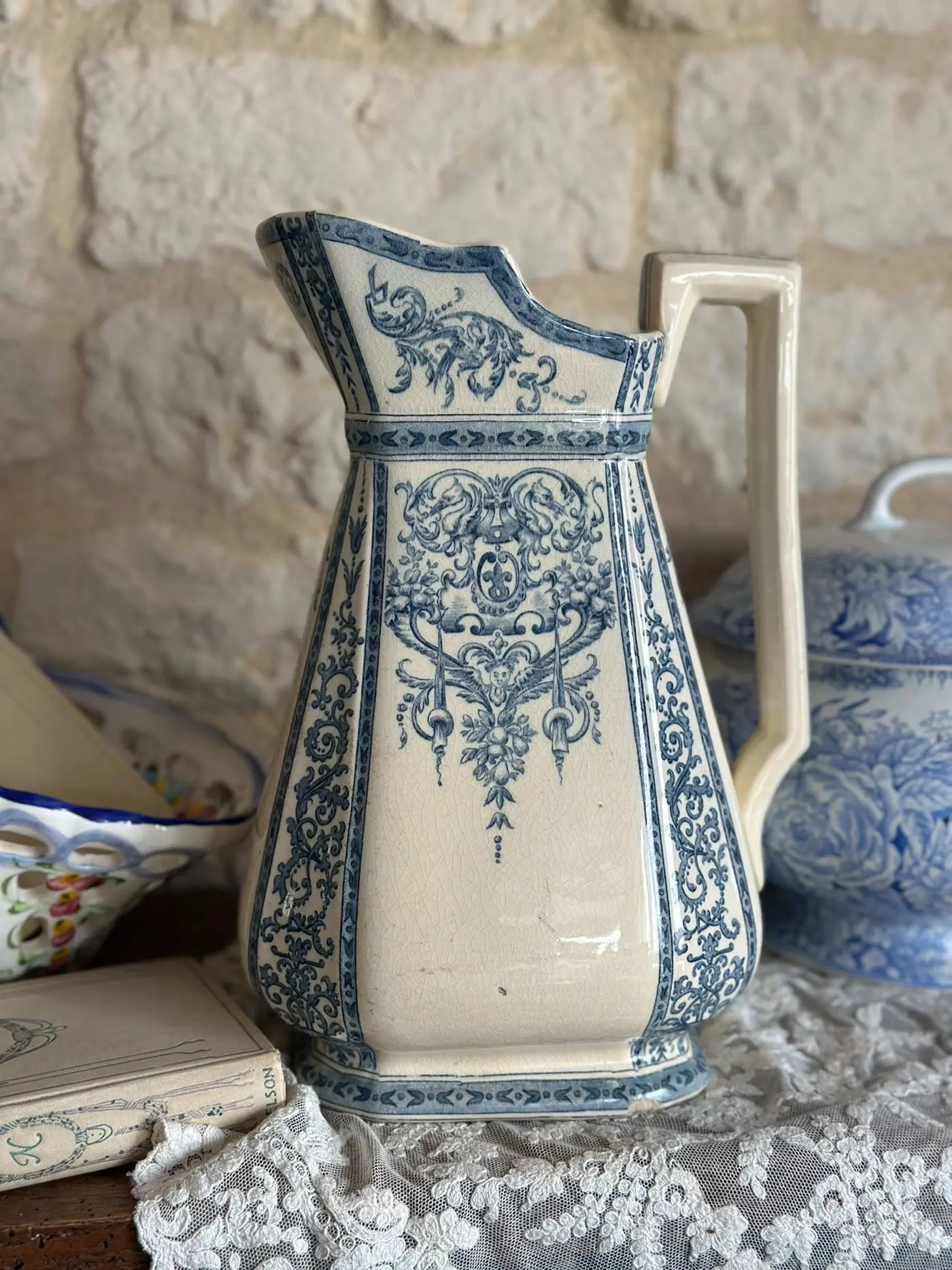 Rare Antique Gien Large Water Jug, France — Chip and Crazing