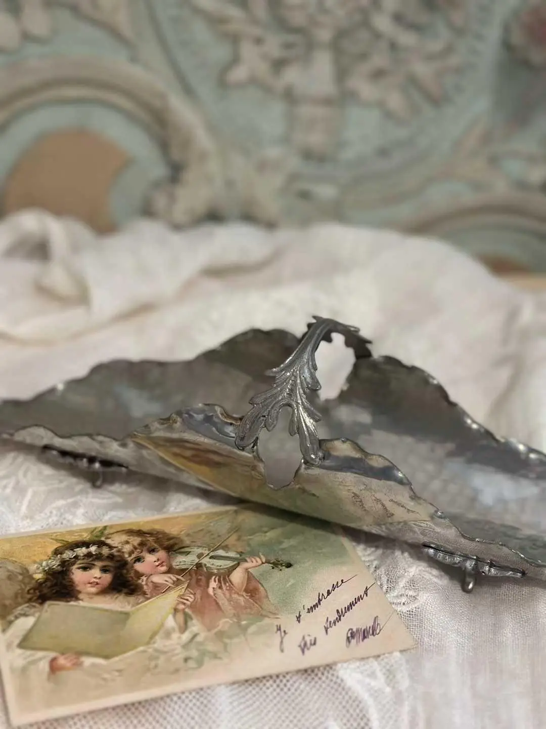 French Vintage Art Nouveau Hammered Tin Tray