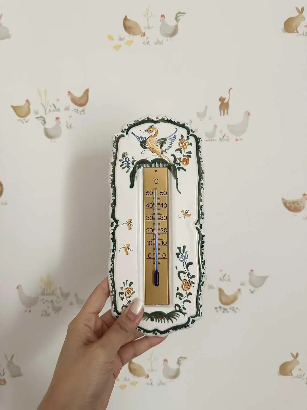 Rare Vintage French Moustiers Hand-Painted Ceramic Thermometer — Good Condition