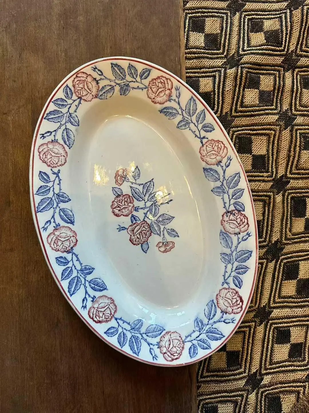 French Longwy Vintage Rose Oval Platter