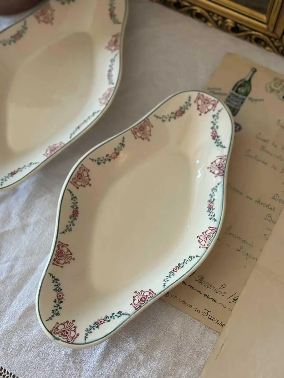 Vintage French Longwy Diamond-Shaped Dish with Green Foliage Border