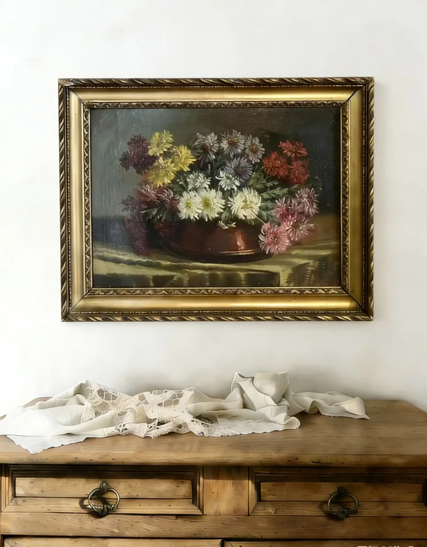 Late 19th–Early 20th Century French Academic Oil Painting — Chrysanthemums and Copper Basin