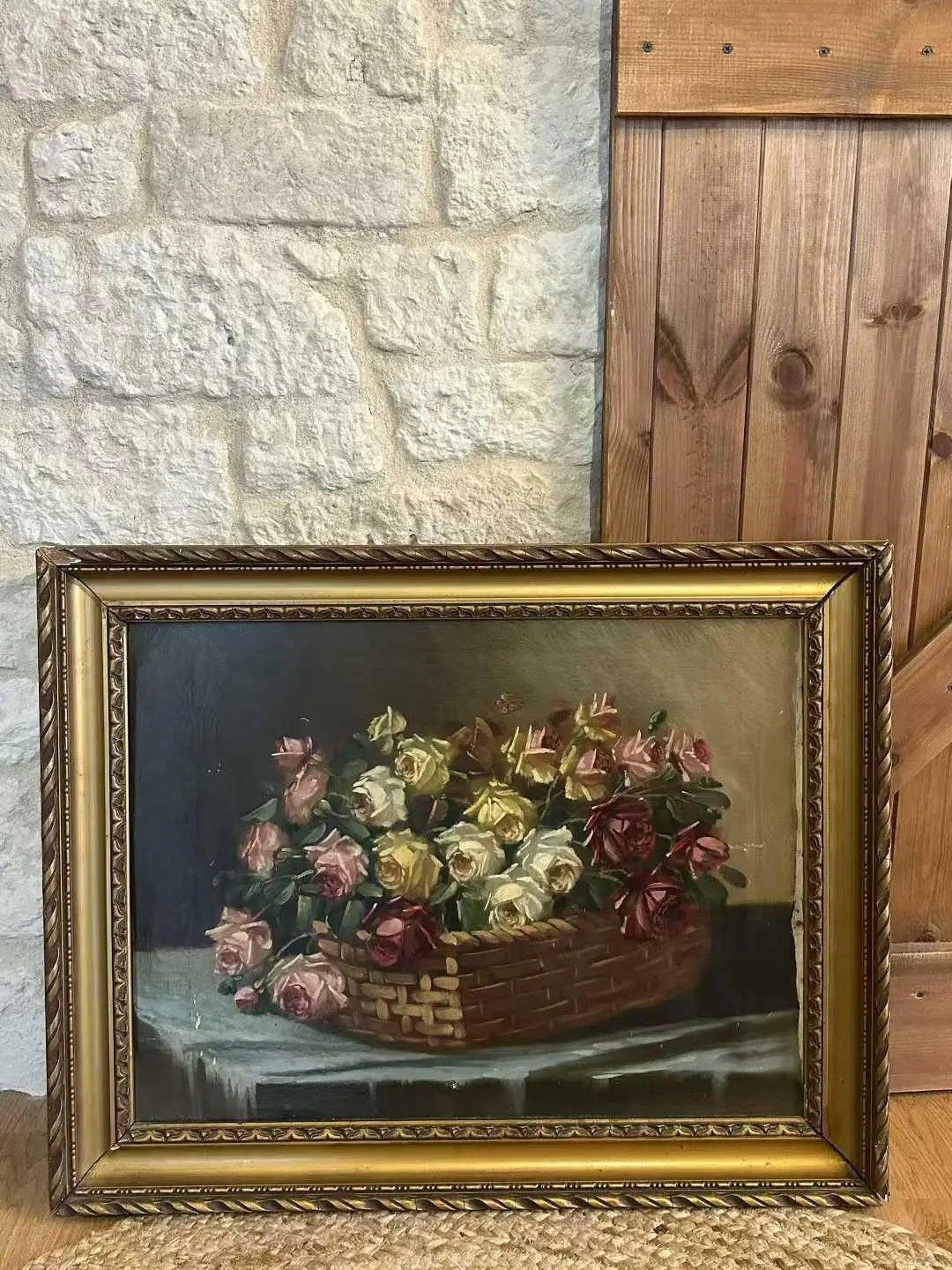 French Early 20th-Century Academic Still Life Oil Painting — Roses in a Basket