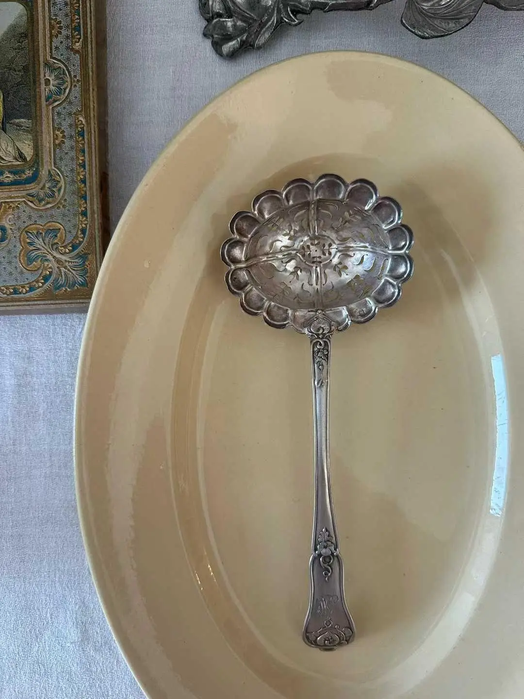 Pure Silver Skimmer / Tea Strainer, 21 cm (with Repair)