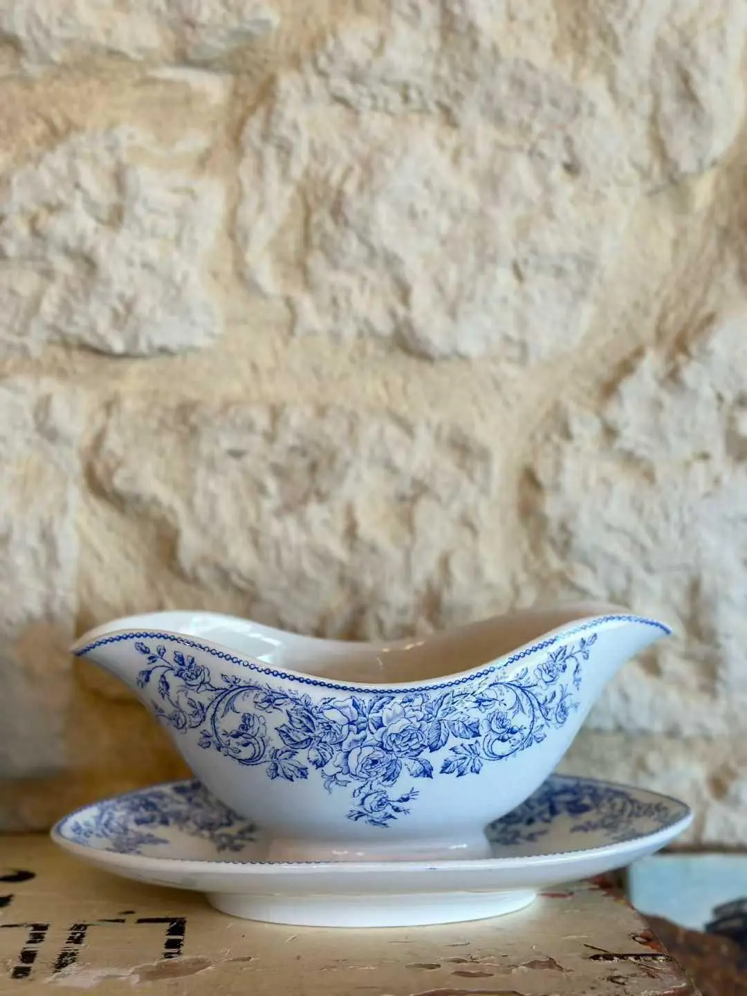 Antique Luneville Sauce Boat, Blue Rose Pattern
