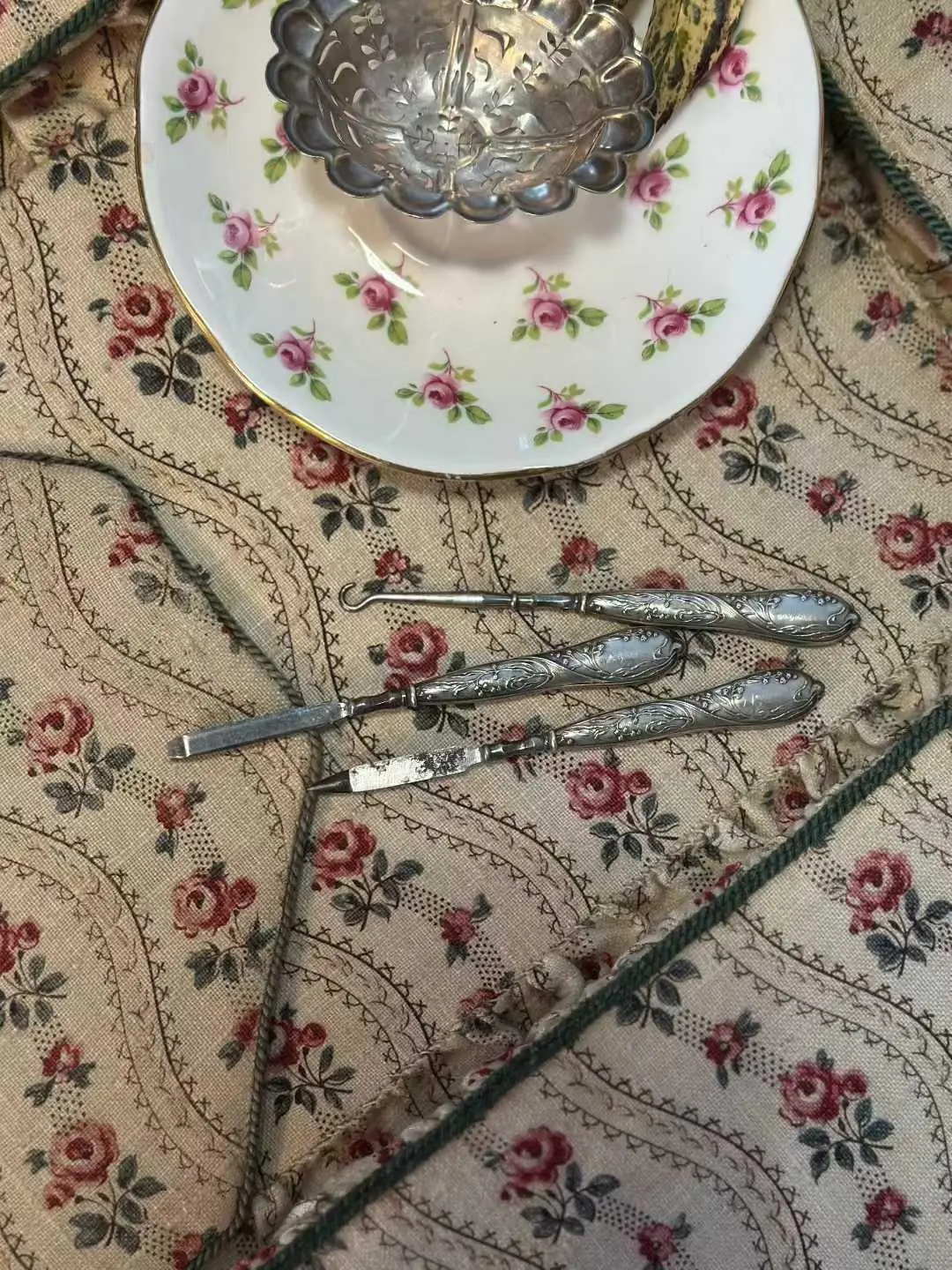 French Antique Fabric Sewing Storage Box