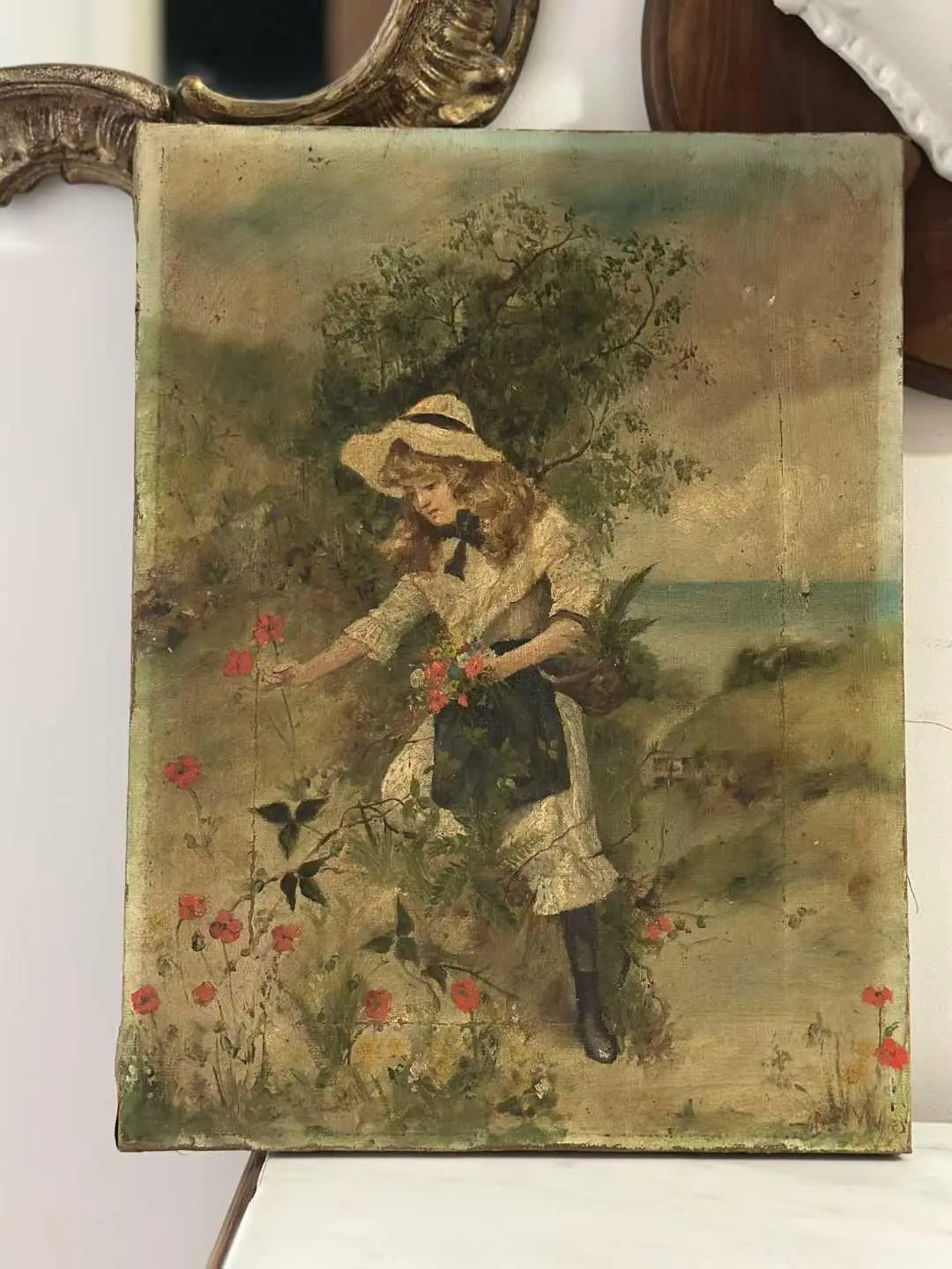 1953 Oil on Canvas — Girl Picking Flowers in a Field