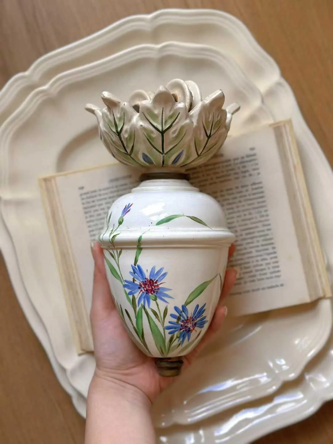 Unique French Vintage Lamp Shade with Hand-Painted Cornflowers and Leaf Crown