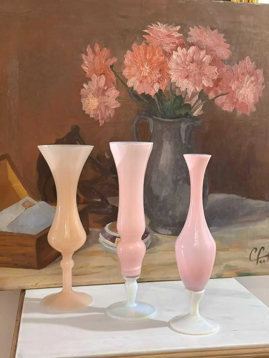 French Cherry Blossom Pink Vintage Milk Glass Vase